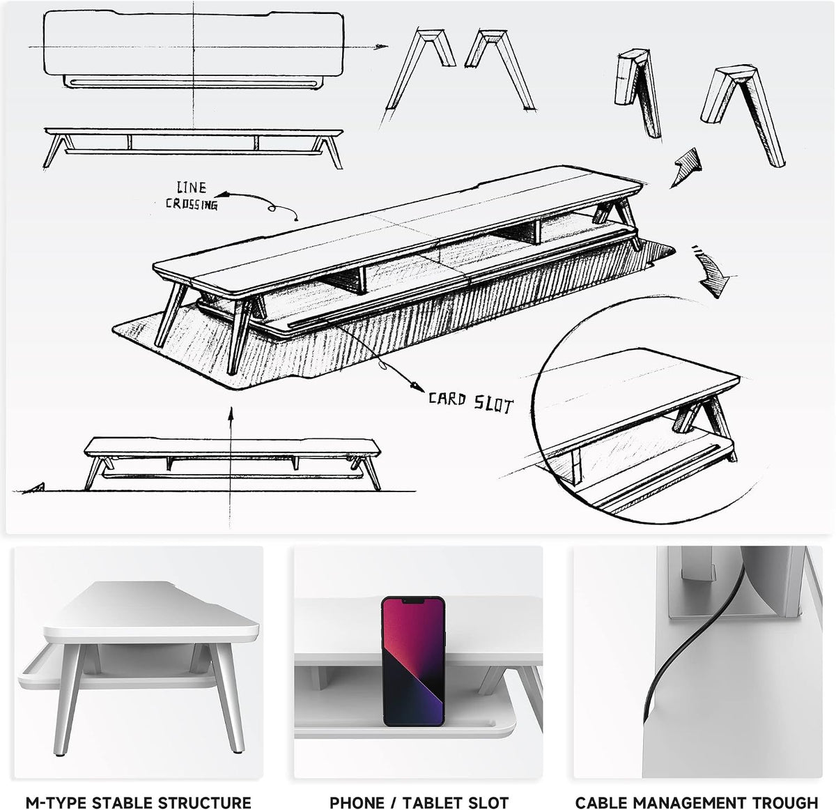 Dual Monitor Stand Riser, Wooden Desk Shelf with 2-Tier Storage