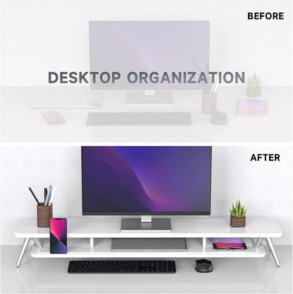 Dual Monitor Stand Riser, Wooden Desk Shelf with 2-Tier Storage
