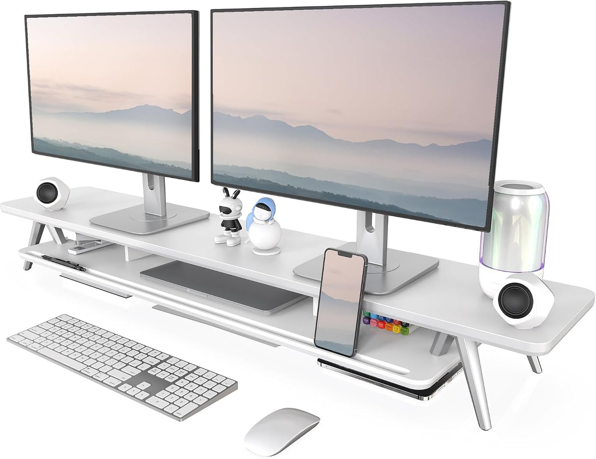 Dual Monitor Stand Riser, Wooden Desk Shelf with 2-Tier Storage