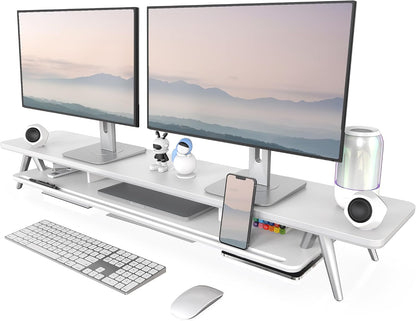 Dual Monitor Stand Riser, Wooden Desk Shelf with 2-Tier Storage