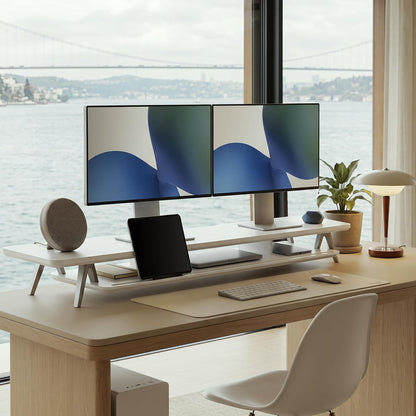 Dual Monitor Stand Riser, Wooden Desk Shelf with 2-Tier Storage