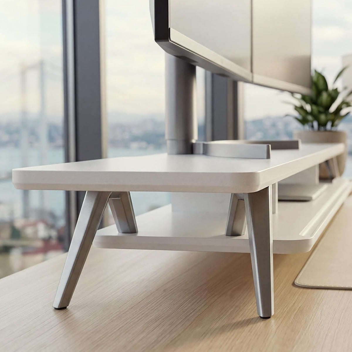 Dual Monitor Stand Riser, Wooden Desk Shelf with 2-Tier Storage
