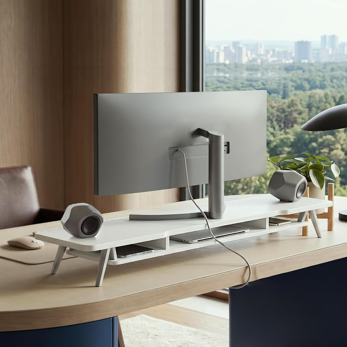 Dual Monitor Stand Riser, Wooden Desk Shelf with 2-Tier Storage