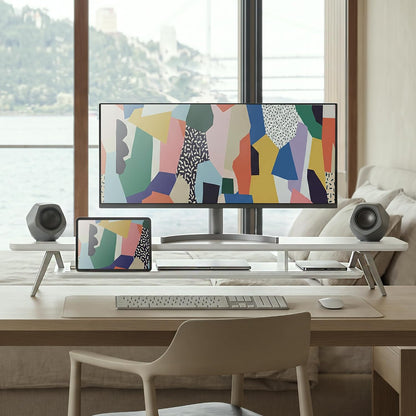 Dual Monitor Stand Riser, Wooden Desk Shelf with 2-Tier Storage