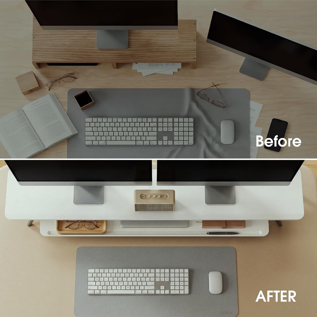 Dual Monitor Stand Riser, Wooden Desk Shelf with 2-Tier Storage
