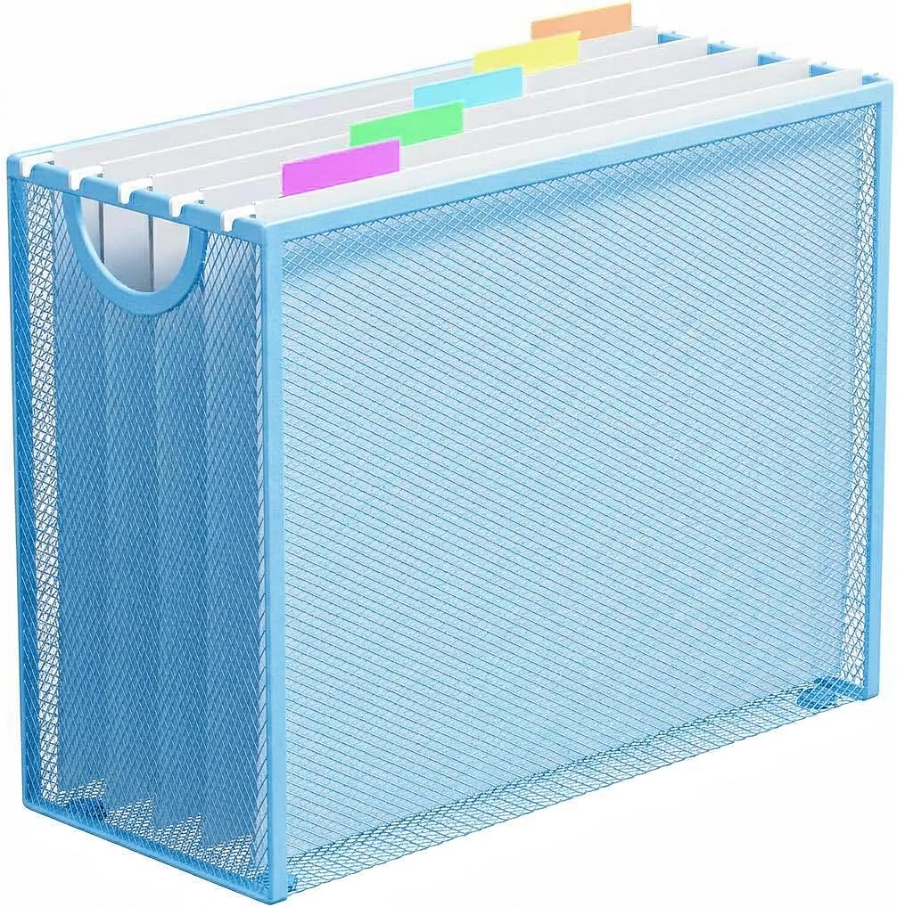 Hanging File Organizer, File Folder Organizer with Handles, Metal Mesh File Crate Storage Box, Letter Size (with 5 Grey Folders)