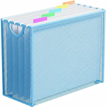 Hanging File Organizer, File Folder Organizer with Handles, Metal Mesh File Crate Storage Box, Letter Size (with 5 Grey Folders)