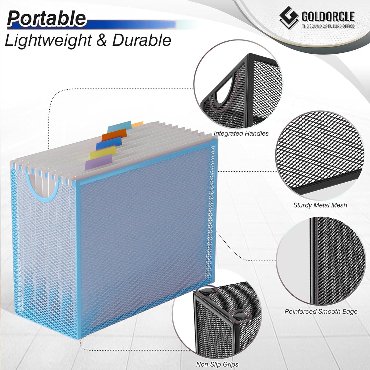 Hanging File Organizer, File Folder Organizer with Handles, Metal Mesh File Crate Storage Box, Letter Size (with 5 Grey Folders)