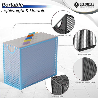 Hanging File Organizer, File Folder Organizer with Handles, Metal Mesh File Crate Storage Box, Letter Size (with 5 Grey Folders)