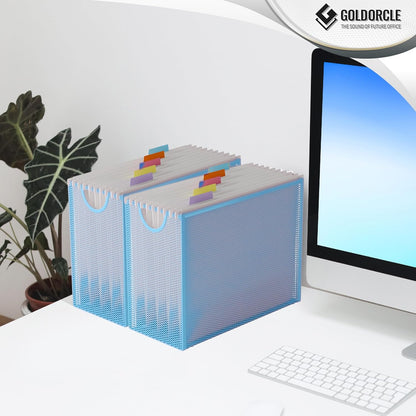 Hanging File Organizer, File Folder Organizer with Handles, Metal Mesh File Crate Storage Box, Letter Size (with 5 Grey Folders)