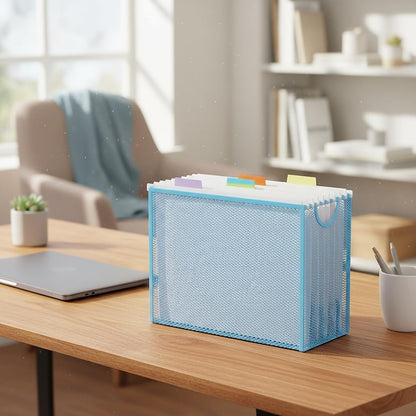 Hanging File Organizer, File Folder Organizer with Handles, Metal Mesh File Crate Storage Box, Letter Size (with 5 Grey Folders)