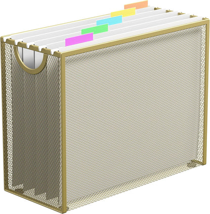 Hanging File Organizer, File Folder Organizer with Handles, Metal Mesh File Crate Storage Box, Letter Size (with 5 Grey Folders)
