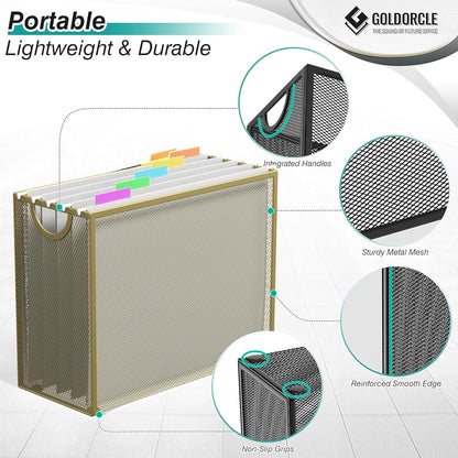 Hanging File Organizer, File Folder Organizer with Handles, Metal Mesh File Crate Storage Box, Letter Size (with 5 Grey Folders)