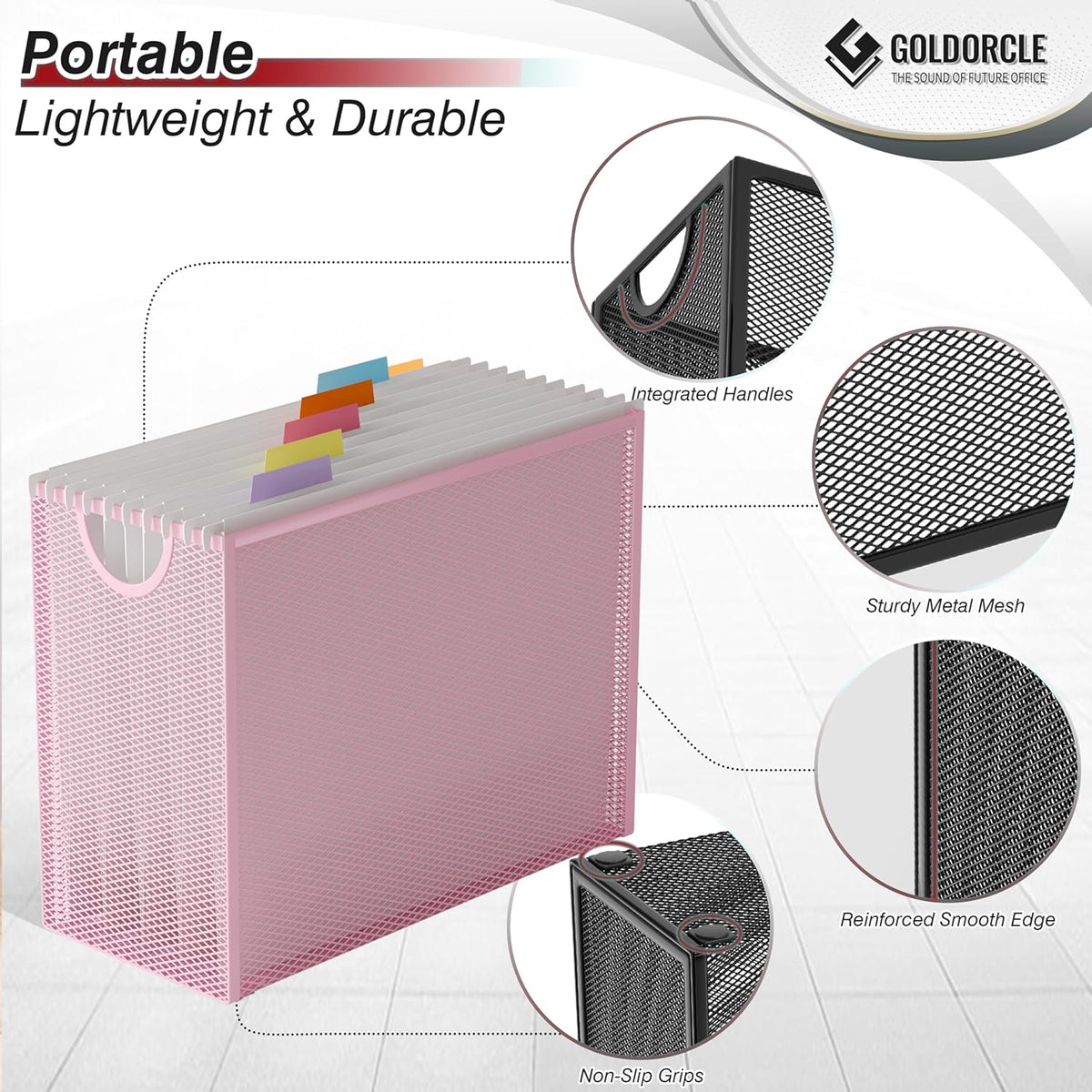 Hanging File Organizer, File Folder Organizer with Handles, Metal Mesh File Crate Storage Box, Letter Size (with 5 Grey Folders)