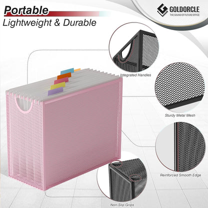 Hanging File Organizer, File Folder Organizer with Handles, Metal Mesh File Crate Storage Box, Letter Size (with 5 Grey Folders)