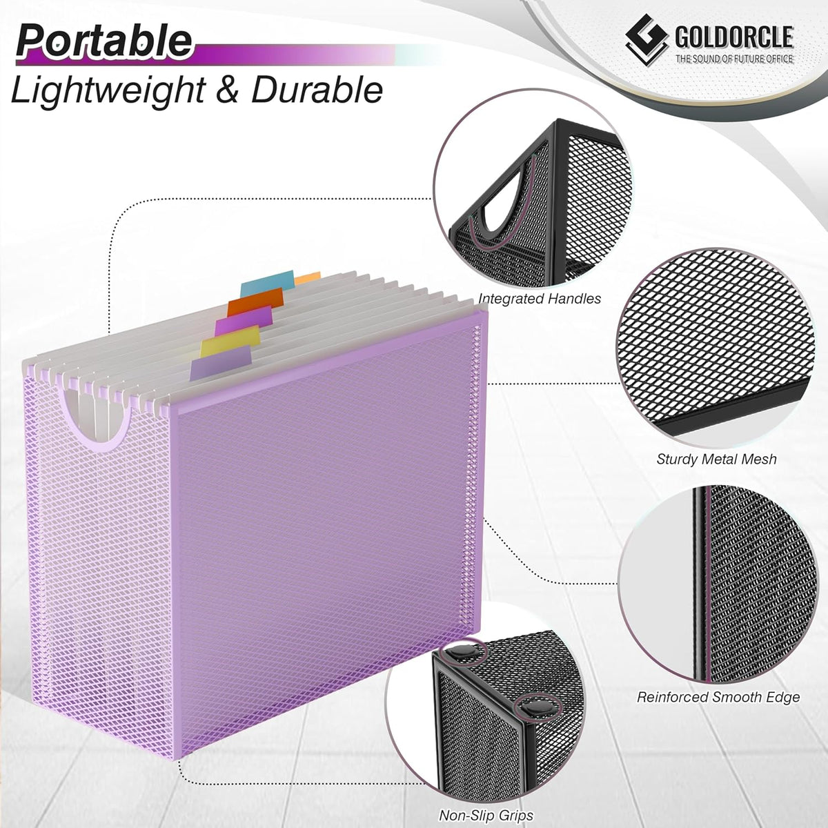 Hanging File Organizer, File Folder Organizer with Handles, Metal Mesh File Crate Storage Box, Letter Size (with 5 Grey Folders)