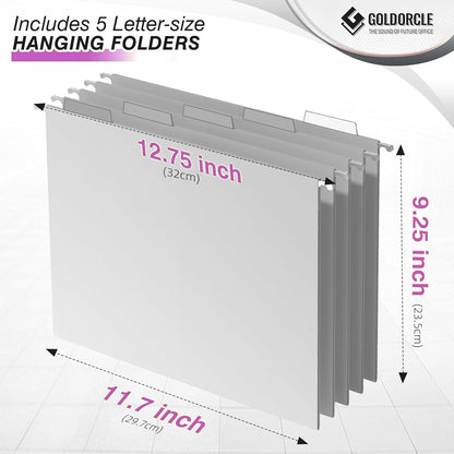 Hanging File Organizer, File Folder Organizer with Handles, Metal Mesh File Crate Storage Box, Letter Size (with 5 Grey Folders)