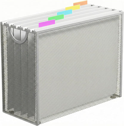 Hanging File Organizer, File Folder Organizer with Handles, Metal Mesh File Crate Storage Box, Letter Size (with 5 Grey Folders)