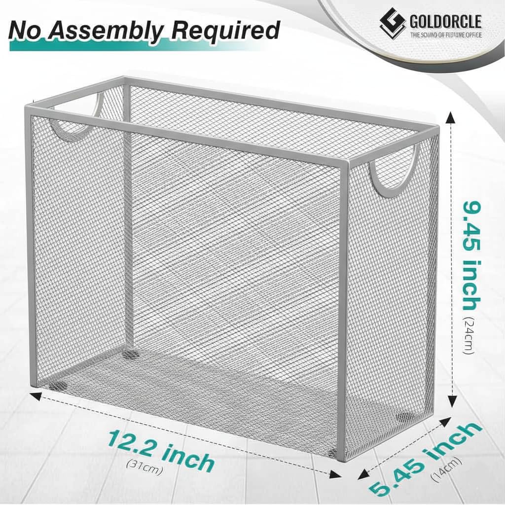 Hanging File Organizer, File Folder Organizer with Handles, Metal Mesh File Crate Storage Box, Letter Size (with 5 Grey Folders)