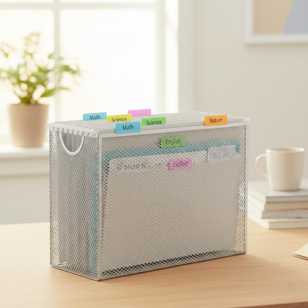 Hanging File Organizer, File Folder Organizer with Handles, Metal Mesh File Crate Storage Box, Letter Size (with 5 Grey Folders)