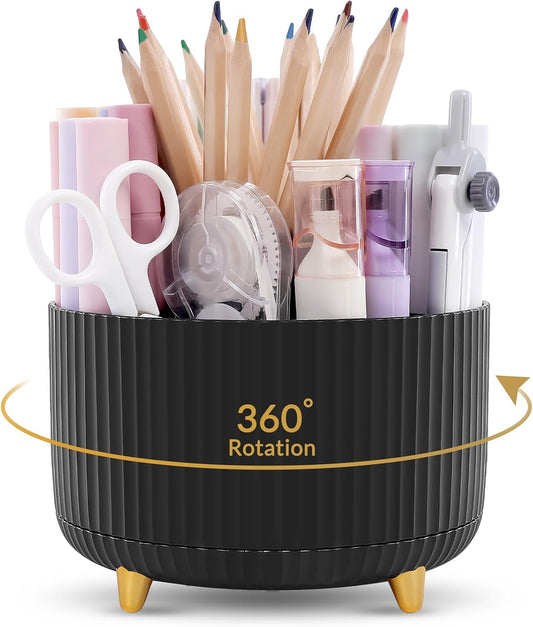 Pencil Pen Holder for Desk, 5 Slots 360 - Degree Rotating Desktop Organizer, Cute Desk Organizers and Accessories for School, Home, Office and Art Supply, Black