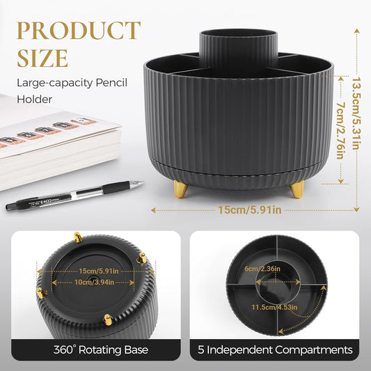 Pencil Pen Holder for Desk, 5 Slots 360 - Degree Rotating Desktop Organizer, Cute Desk Organizers and Accessories for School, Home, Office and Art Supply, Black