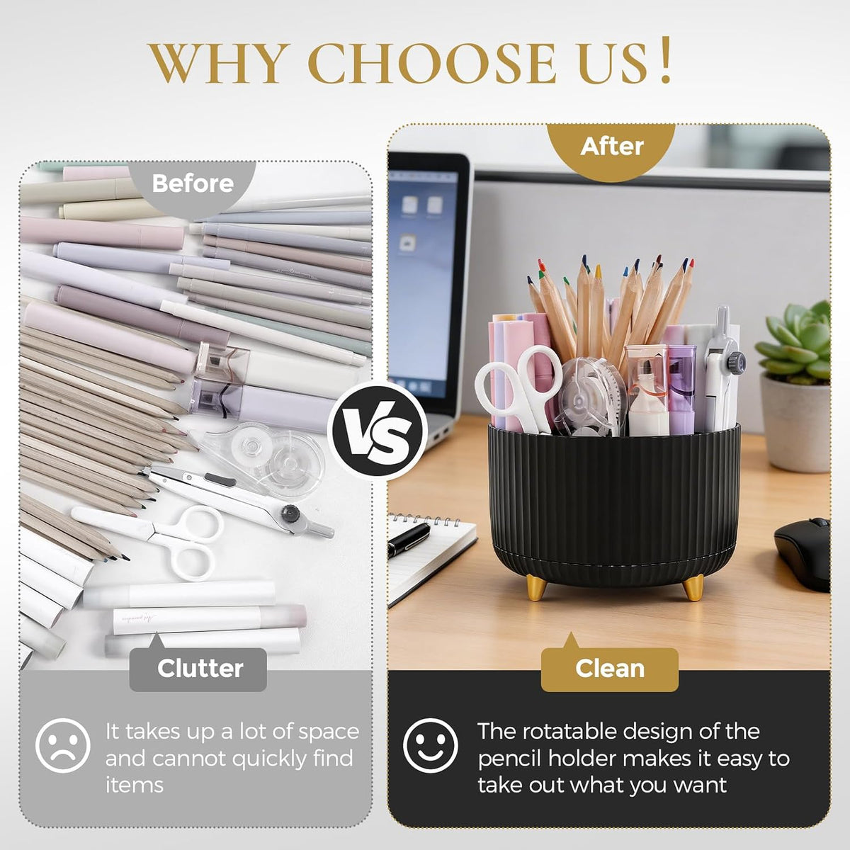 Pencil Pen Holder for Desk, 5 Slots 360 - Degree Rotating Desktop Organizer, Cute Desk Organizers and Accessories for School, Home, Office and Art Supply, Black