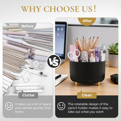 Pencil Pen Holder for Desk, 5 Slots 360 - Degree Rotating Desktop Organizer, Cute Desk Organizers and Accessories for School, Home, Office and Art Supply, Black