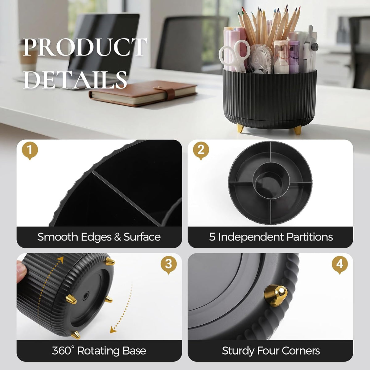 Pencil Pen Holder for Desk, 5 Slots 360 - Degree Rotating Desktop Organizer, Cute Desk Organizers and Accessories for School, Home, Office and Art Supply, Black