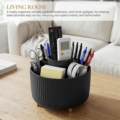 Pencil Pen Holder for Desk, 5 Slots 360 - Degree Rotating Desktop Organizer, Cute Desk Organizers and Accessories for School, Home, Office and Art Supply, Black