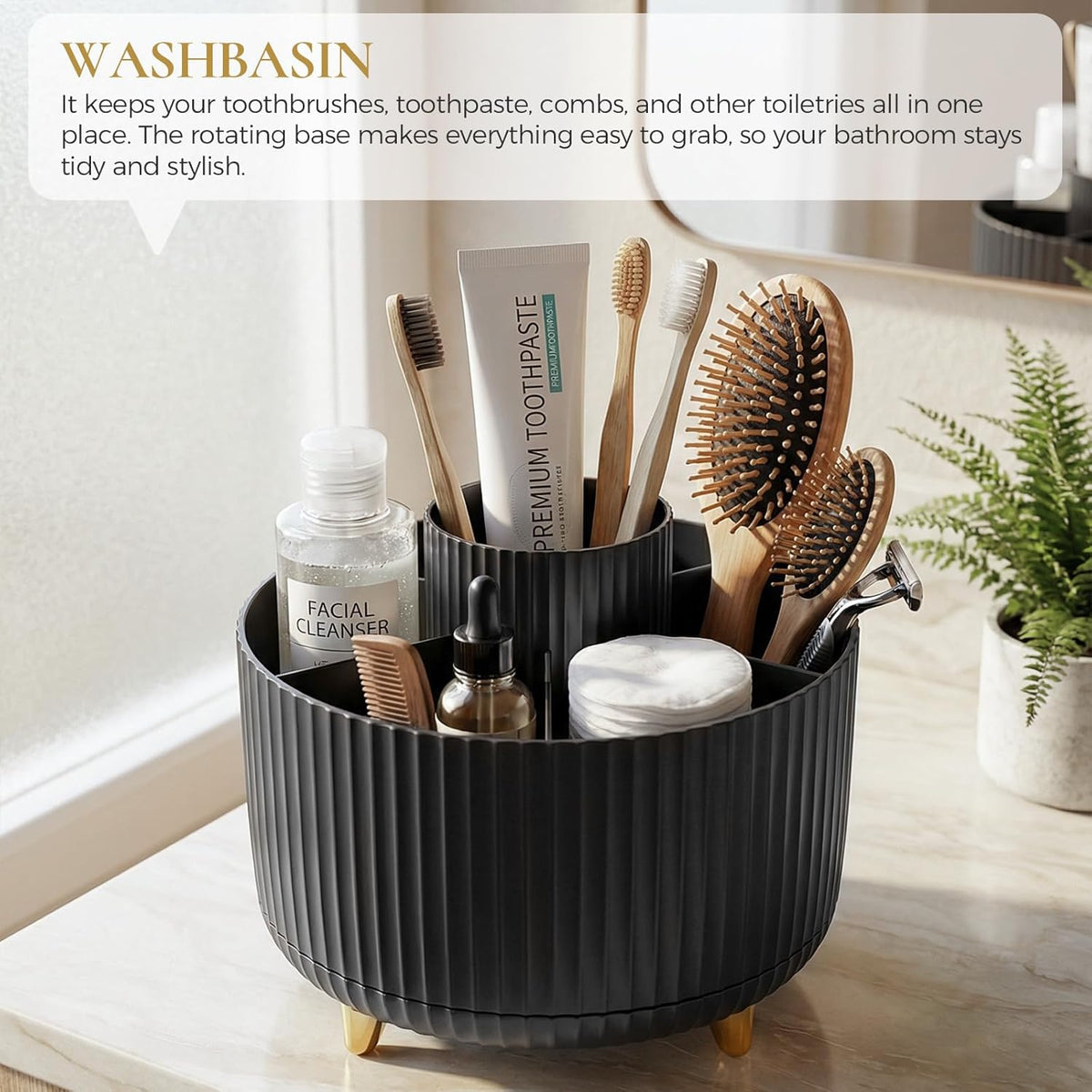 Pencil Pen Holder for Desk, 5 Slots 360 - Degree Rotating Desktop Organizer, Cute Desk Organizers and Accessories for School, Home, Office and Art Supply, Black