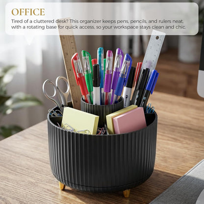Pencil Pen Holder for Desk, 5 Slots 360 - Degree Rotating Desktop Organizer, Cute Desk Organizers and Accessories for School, Home, Office and Art Supply, Black