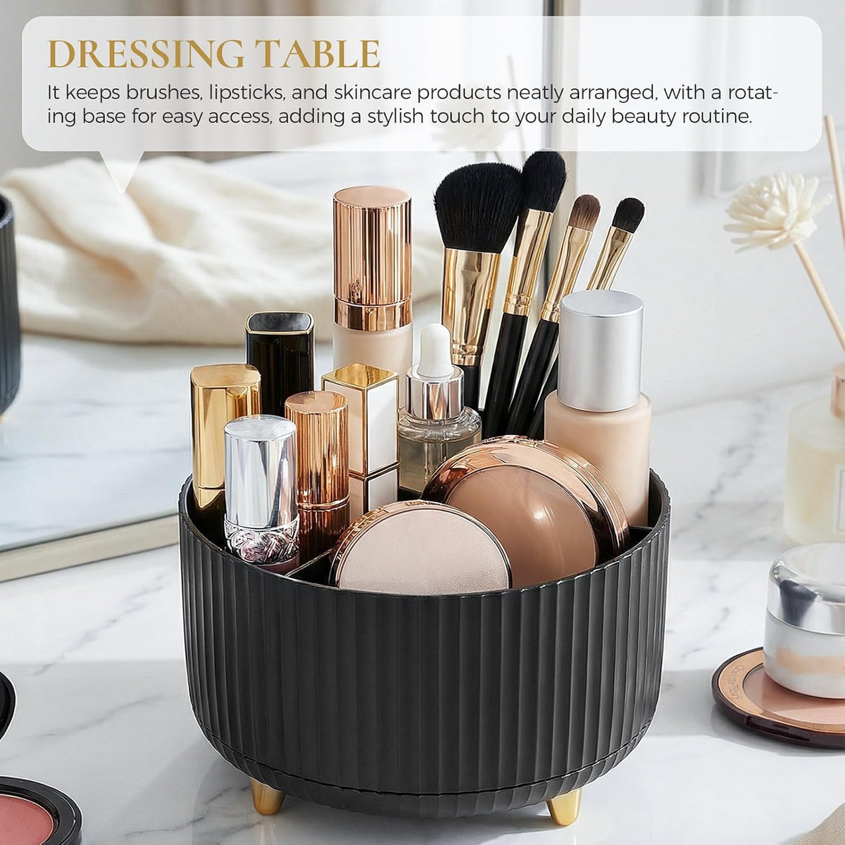 Pencil Pen Holder for Desk, 5 Slots 360 - Degree Rotating Desktop Organizer, Cute Desk Organizers and Accessories for School, Home, Office and Art Supply, Black