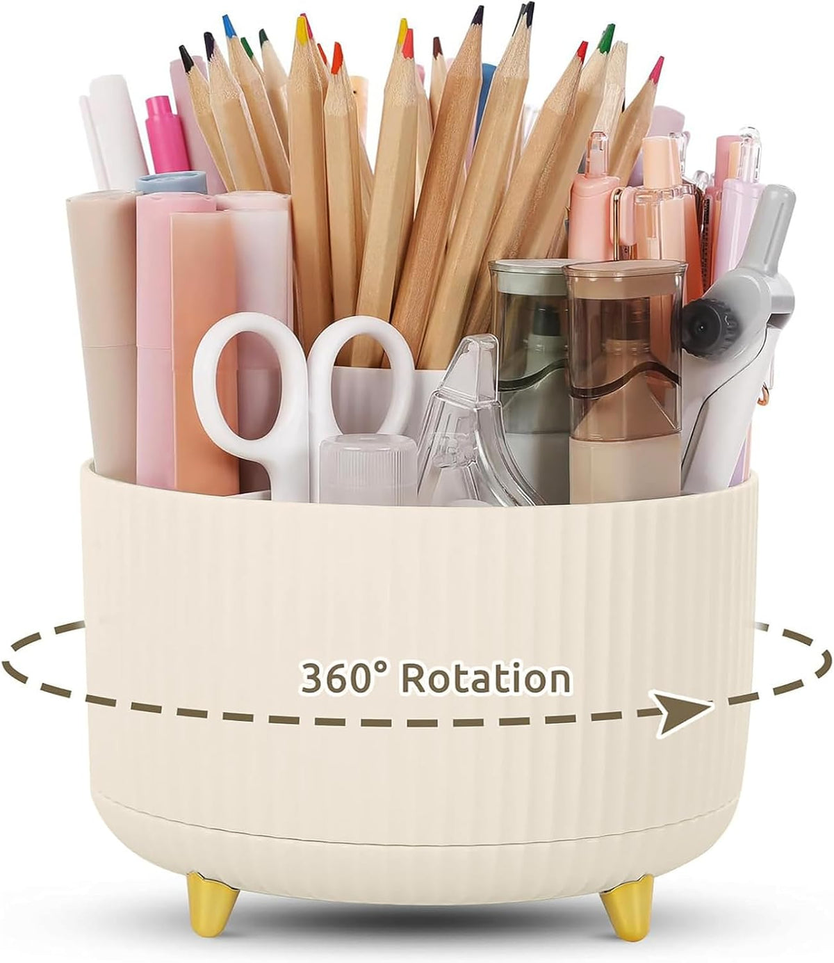 Pencil Pen Holder for Desk, 5 Slots 360 - Degree Rotating Desktop Organizer, Cute Desk Organizers and Accessories for School, Home, Office and Art Supply, Black