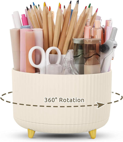 Pencil Pen Holder for Desk, 5 Slots 360 - Degree Rotating Desktop Organizer, Cute Desk Organizers and Accessories for School, Home, Office and Art Supply, Black
