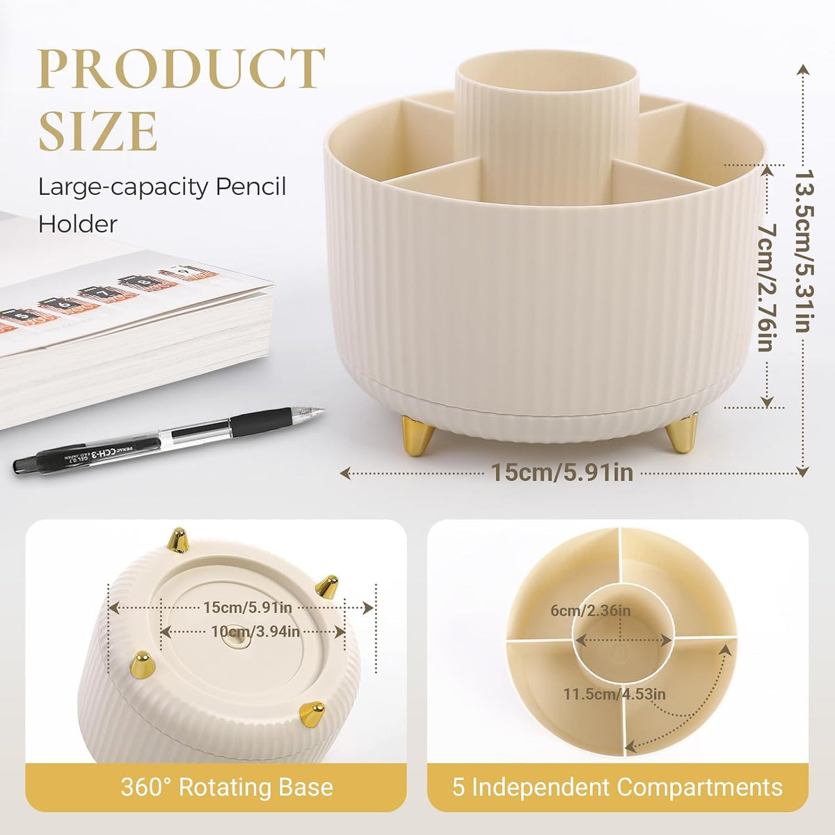 Pencil Pen Holder for Desk, 5 Slots 360 - Degree Rotating Desktop Organizer, Cute Desk Organizers and Accessories for School, Home, Office and Art Supply, Black