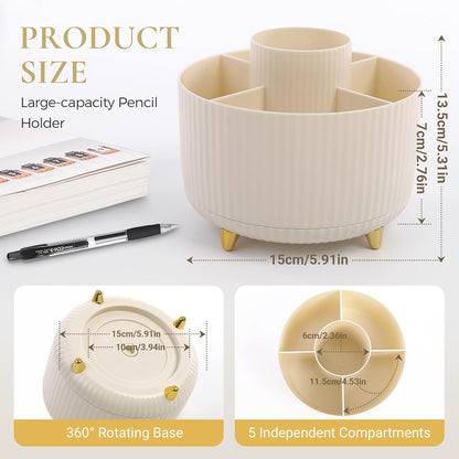 Pencil Pen Holder for Desk, 5 Slots 360 - Degree Rotating Desktop Organizer, Cute Desk Organizers and Accessories for School, Home, Office and Art Supply, Black