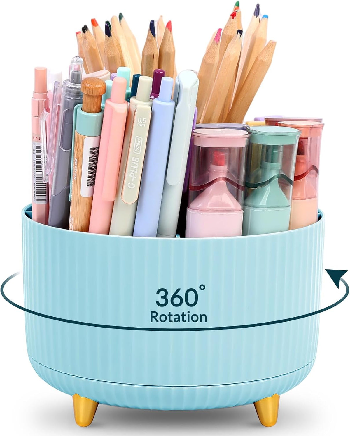 Pencil Pen Holder for Desk, 5 Slots 360 - Degree Rotating Desktop Organizer, Cute Desk Organizers and Accessories for School, Home, Office and Art Supply, Black