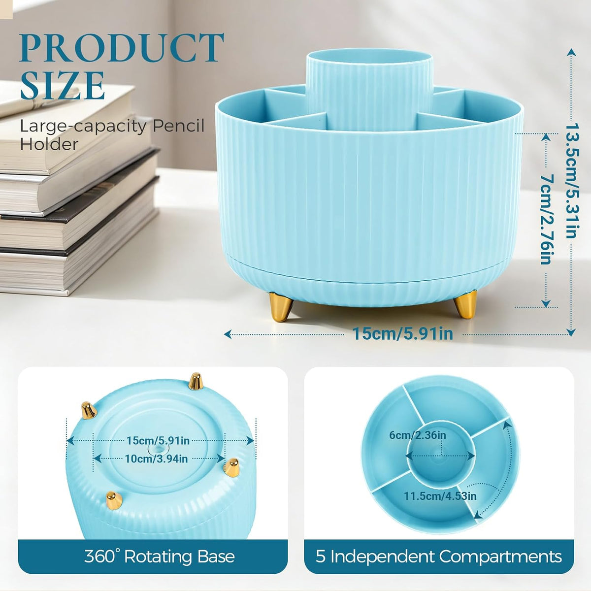 Pencil Pen Holder for Desk, 5 Slots 360 - Degree Rotating Desktop Organizer, Cute Desk Organizers and Accessories for School, Home, Office and Art Supply, Black