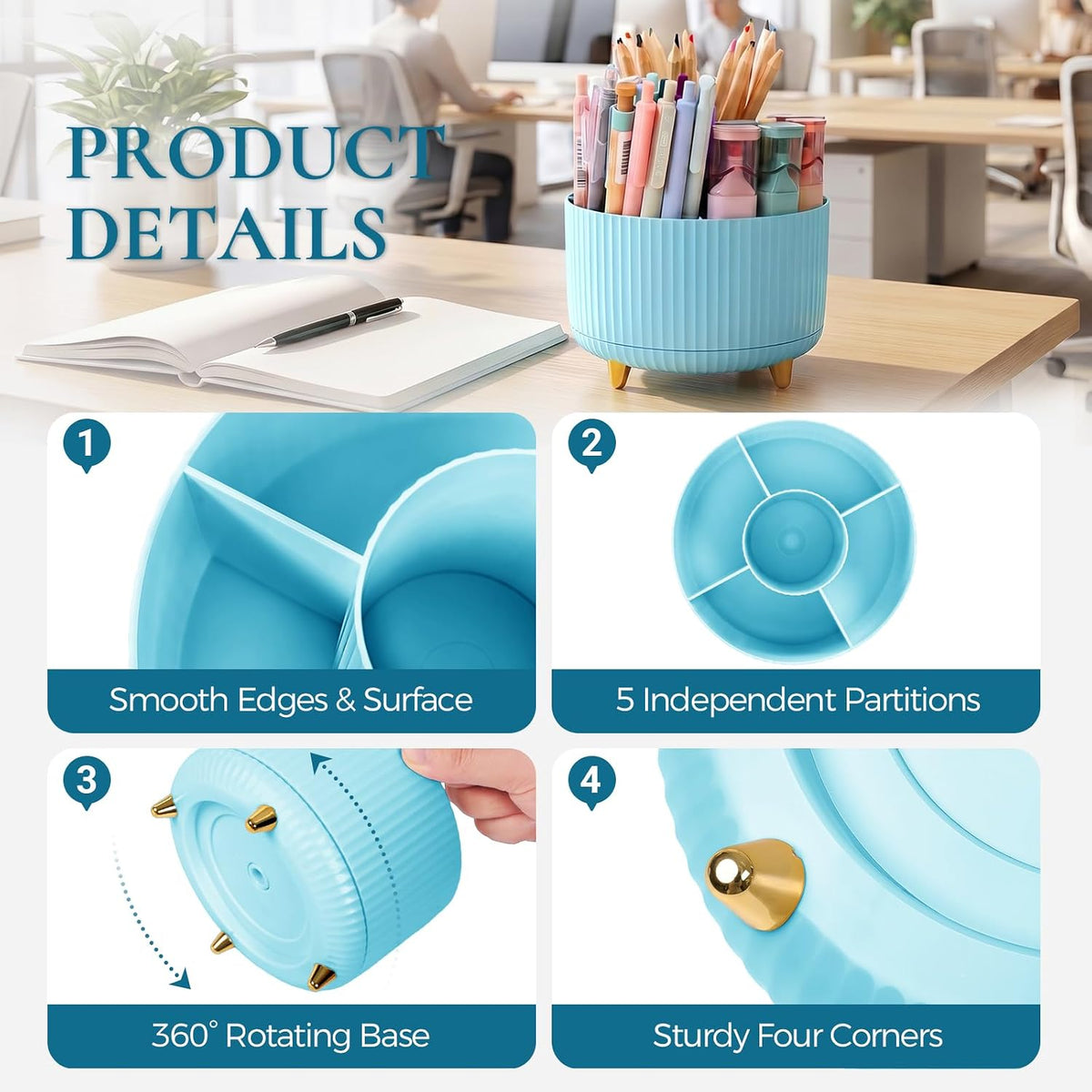Pencil Pen Holder for Desk, 5 Slots 360 - Degree Rotating Desktop Organizer, Cute Desk Organizers and Accessories for School, Home, Office and Art Supply, Black