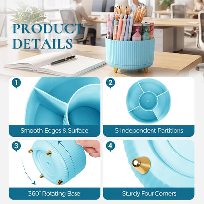 Pencil Pen Holder for Desk, 5 Slots 360 - Degree Rotating Desktop Organizer, Cute Desk Organizers and Accessories for School, Home, Office and Art Supply, Black