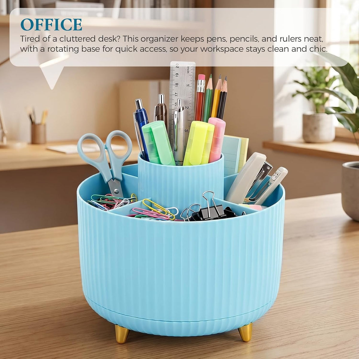 Pencil Pen Holder for Desk, 5 Slots 360 - Degree Rotating Desktop Organizer, Cute Desk Organizers and Accessories for School, Home, Office and Art Supply, Black