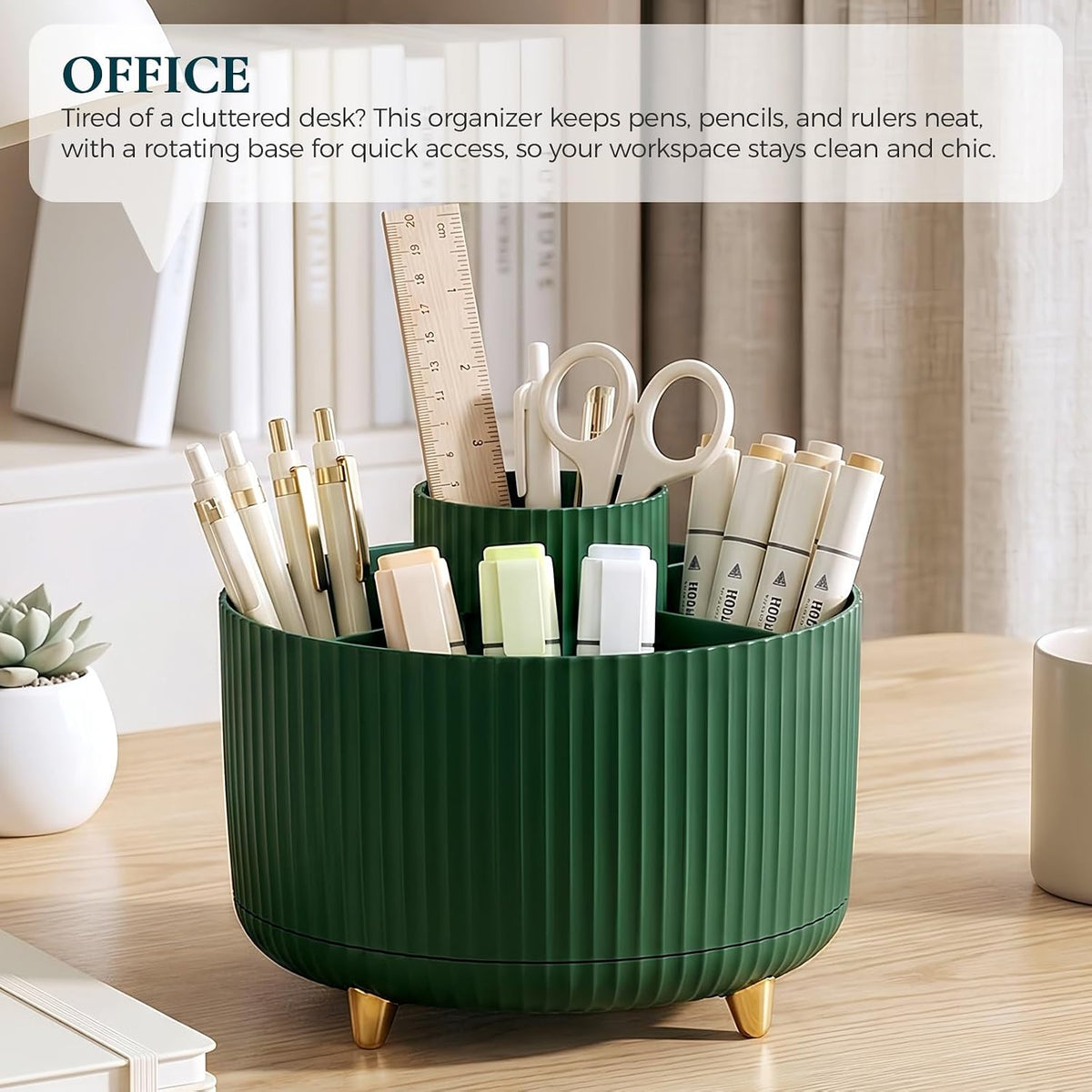 Pencil Pen Holder for Desk, 5 Slots 360 - Degree Rotating Desktop Organizer, Cute Desk Organizers and Accessories for School, Home, Office and Art Supply, Black