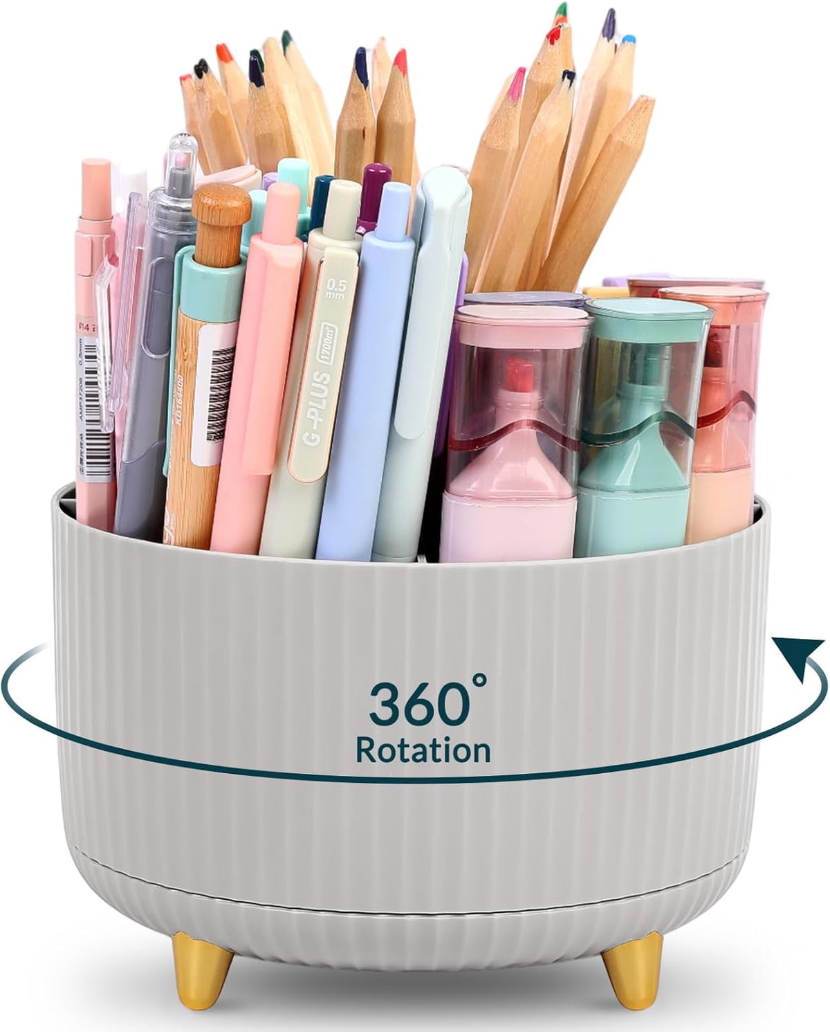 Pencil Pen Holder for Desk, 5 Slots 360 - Degree Rotating Desktop Organizer, Cute Desk Organizers and Accessories for School, Home, Office and Art Supply, Black