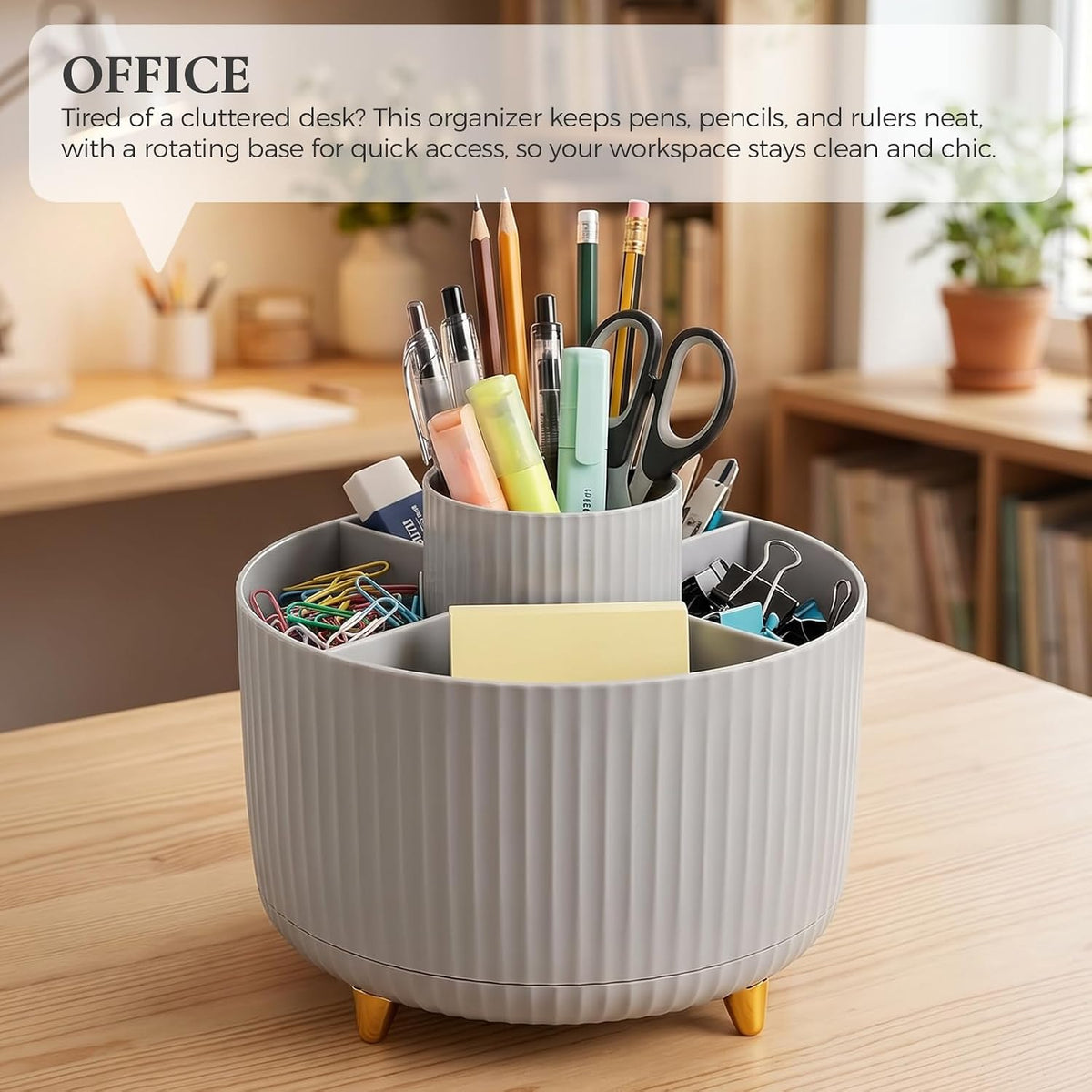 Pencil Pen Holder for Desk, 5 Slots 360 - Degree Rotating Desktop Organizer, Cute Desk Organizers and Accessories for School, Home, Office and Art Supply, Black