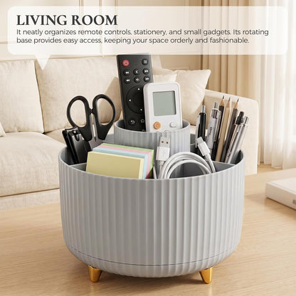 Pencil Pen Holder for Desk, 5 Slots 360 - Degree Rotating Desktop Organizer, Cute Desk Organizers and Accessories for School, Home, Office and Art Supply, Black