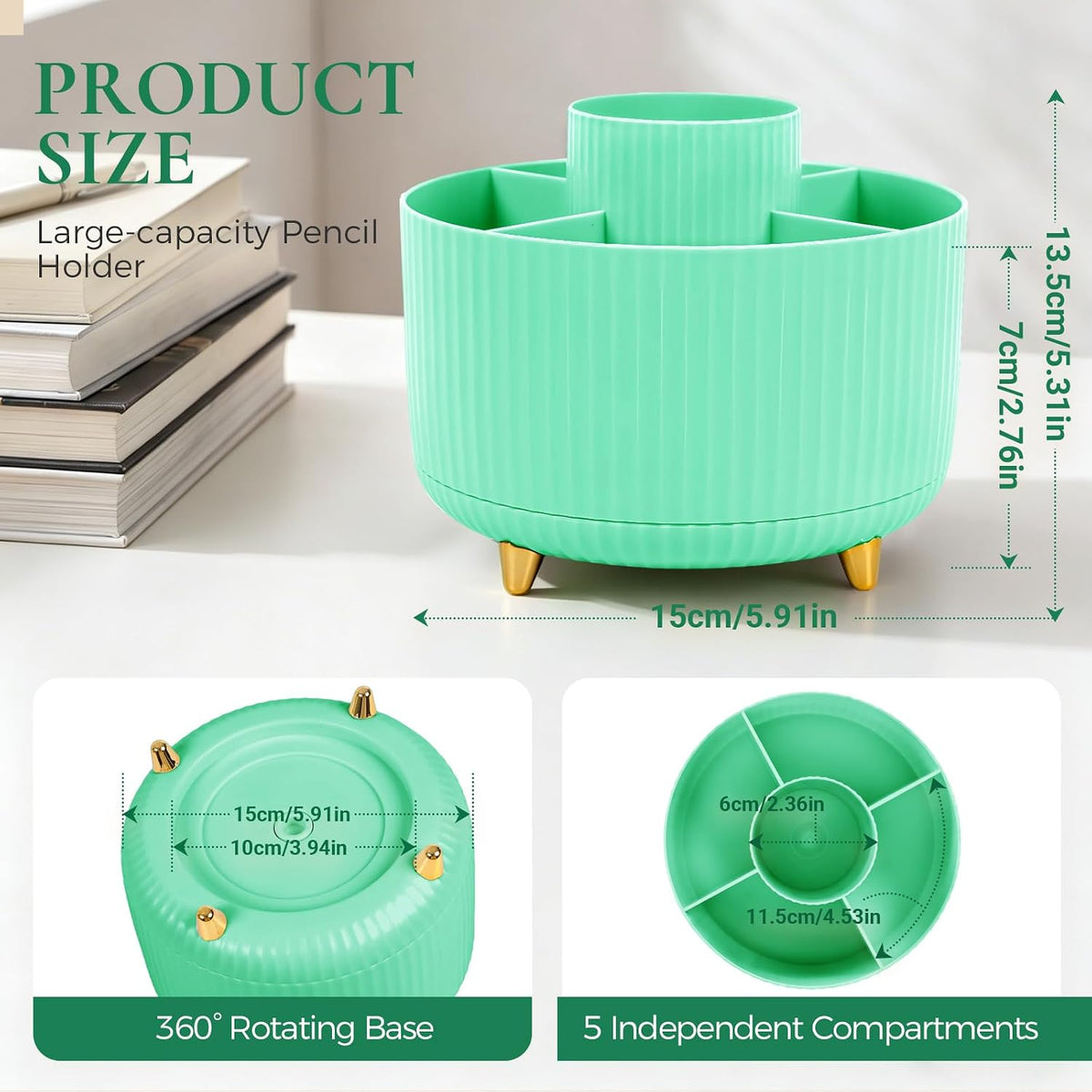 Pencil Pen Holder for Desk, 5 Slots 360 - Degree Rotating Desktop Organizer, Cute Desk Organizers and Accessories for School, Home, Office and Art Supply, Black