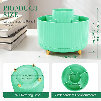 Pencil Pen Holder for Desk, 5 Slots 360 - Degree Rotating Desktop Organizer, Cute Desk Organizers and Accessories for School, Home, Office and Art Supply, Black