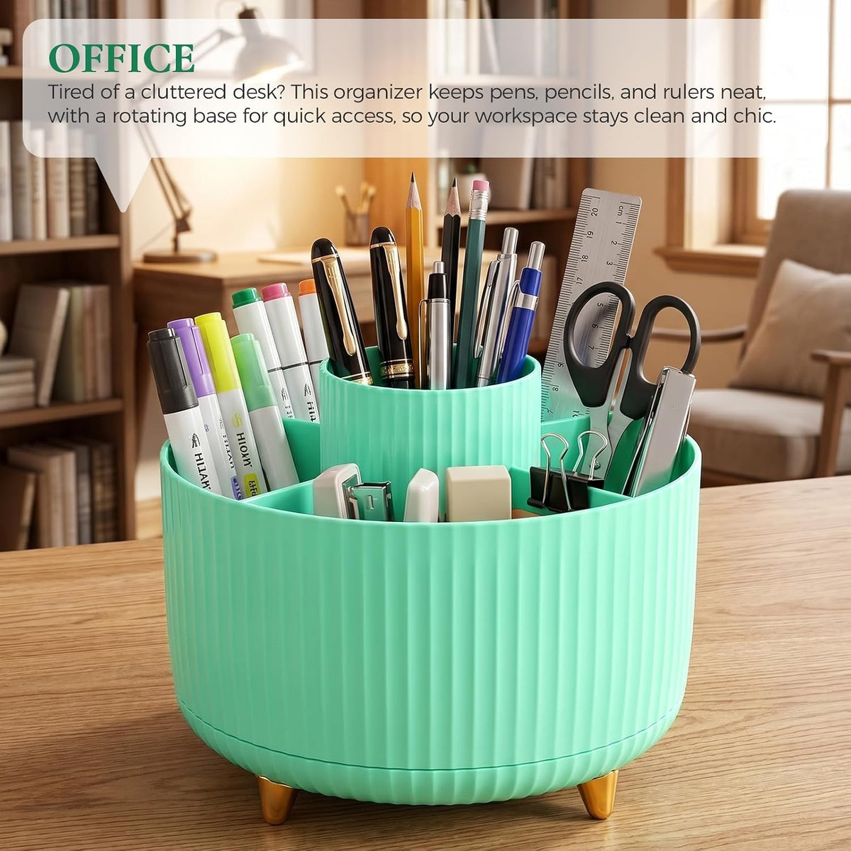 Pencil Pen Holder for Desk, 5 Slots 360 - Degree Rotating Desktop Organizer, Cute Desk Organizers and Accessories for School, Home, Office and Art Supply, Black
