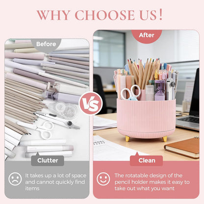 Pencil Pen Holder for Desk, 5 Slots 360 - Degree Rotating Desktop Organizer, Cute Desk Organizers and Accessories for School, Home, Office and Art Supply, Black